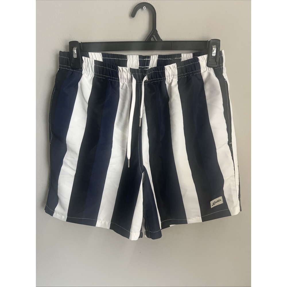 Bather Blue & Black Vertical Striped Mesh Lined Swim Trunks Shorts Men's Size M